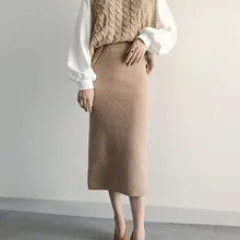 Новая мода весна и осень винтажная вязанная длинная стрейчевая прямая юбка высокая эластичная талия до середины икры разрез