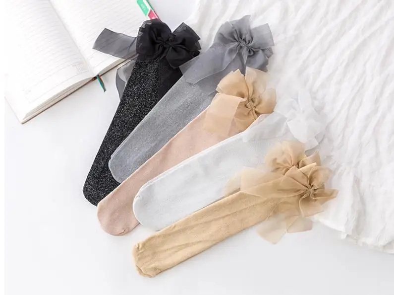 girls kittens Stockings lace knowknot girl thigh Knee socking half Heap socks Bright silk 3-10Years 5colors TZ05