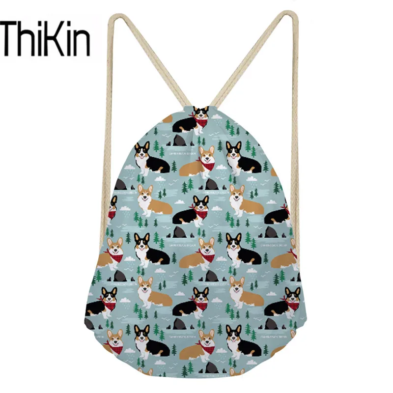 as pictures THIKIN Ladies Fashion Drawstring Bags for Women Cute Corgi Printing Shoulder Backpack Ladies String Beach Bag Feminine Sac A Dos - Цвет: as pictures
