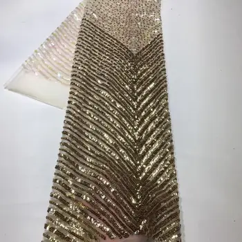 

2020 Latest African Lace Fabric High Quality Gold French Net Embroidery Gleamy Sequin Tulle Lace Fabric For Nigerian Party Dress