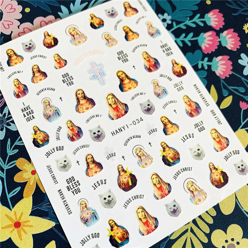 Newest HANYI-34 Jesus 3d nail art sticker decal stamping export japan designs rhinestones decorations |