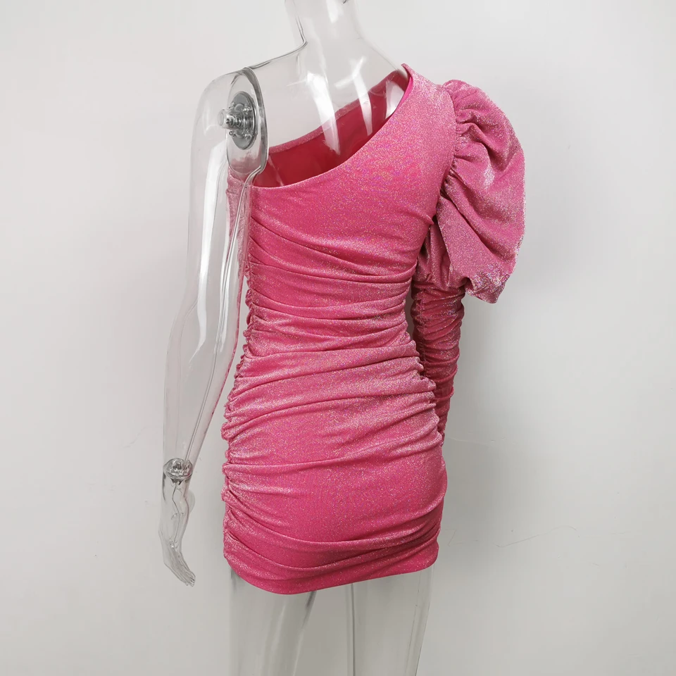 Big Discount OBI4Q Karlofea Female New Elegant Spring Outfits Dress Chic Sparkly Ruched Mini Dress Lovely One Shoulder Puff Sleeve Club Party Dress