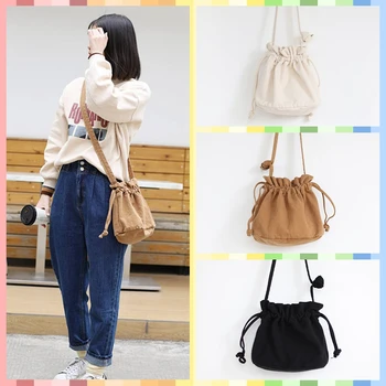 

Fashion Cute Solid Bucket Messenger Day Clutches Women's Shoulder Bags Canvas Casual Totes for Girls Ladies Student Crossboby