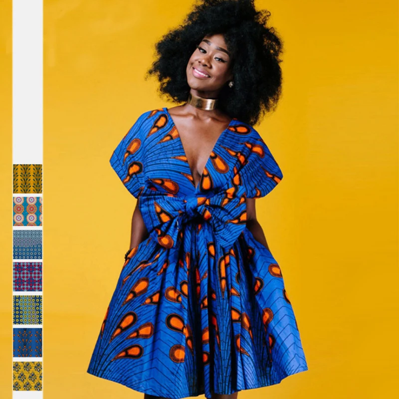 

African style dashiki Printing Wears multi-way V-neck short Dress with Bandages and Pleats african clothes for women JQ-10021