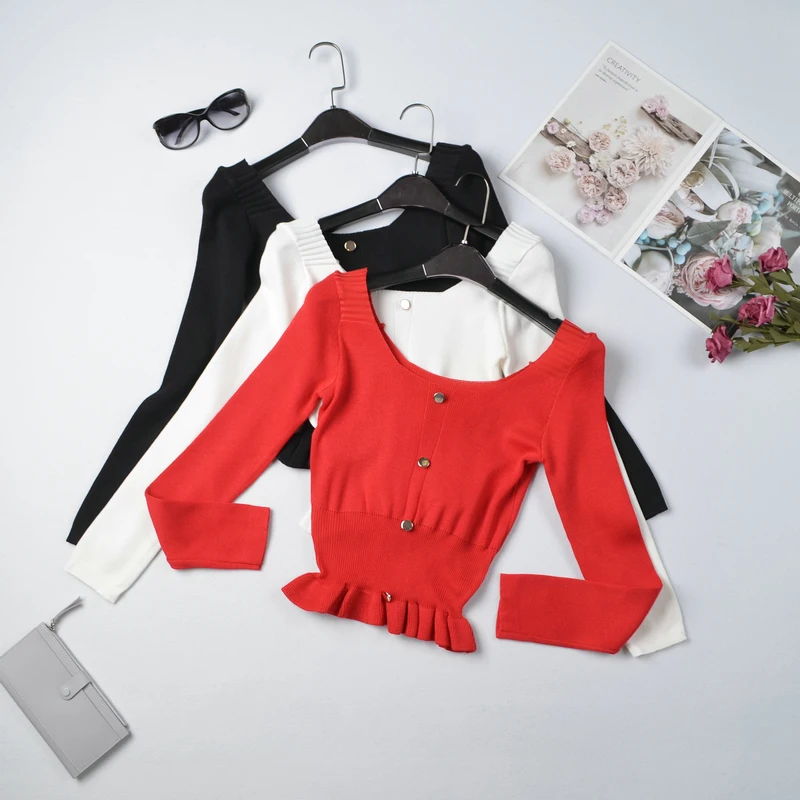 Shintimes 2020 Autumn Woman Clothes Knitted Sweater Solid Crop Tops Winter Korean Fashion Slim Sexy Sweaters Button Pullovers | Женская