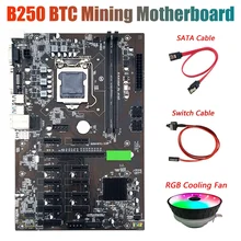 Placa base B250 BTC Miner con ventilador de refrigeración de CPU RGB + Cable de interruptor + Cable SATA 12x ranura para tarjeta gráfica LGA 1151 DDR4 para BTC