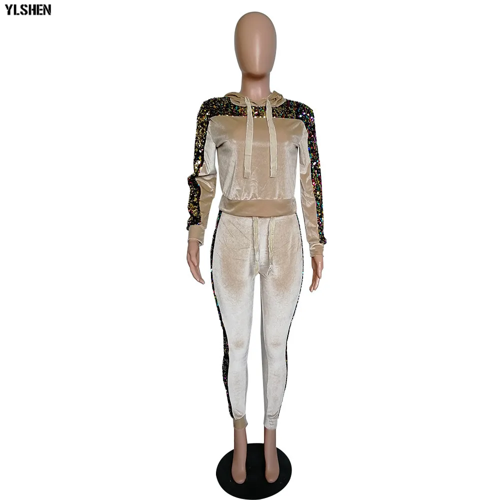 2 Two Piece Set Velvet Tracksuit Women Sexy Sequins Jogging Femme Plus Size Long Sleeve Tops +Pants Sweat Suits Matching Sets 31