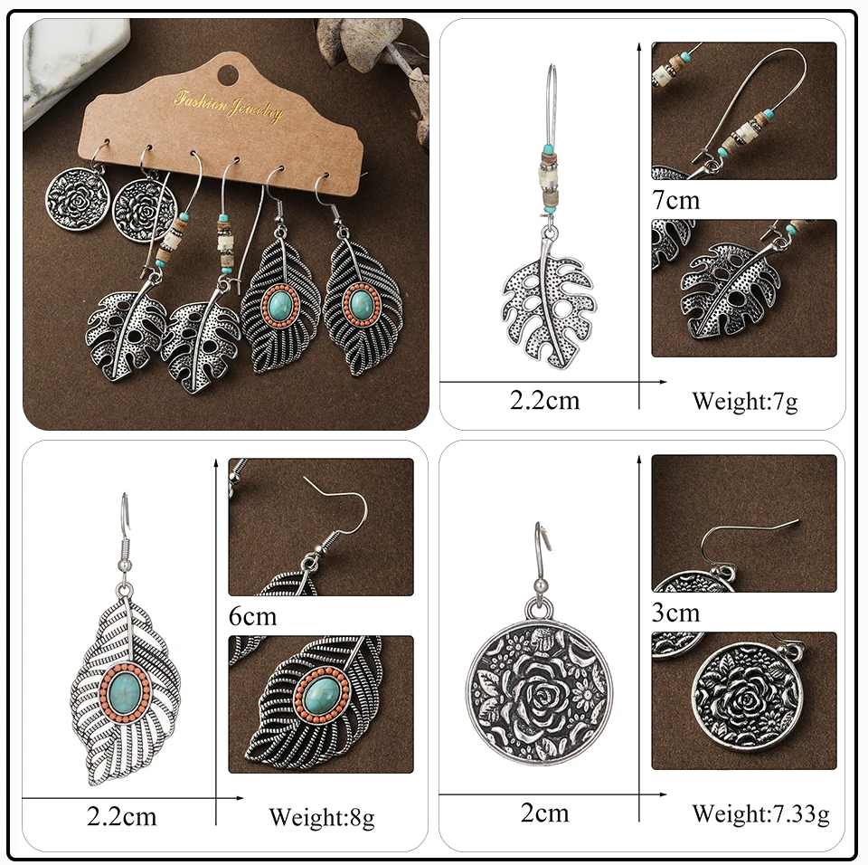 41 Style Silver Rose Gold Color Earrings Ethnic Bohemia Vintage Mixed Styles Long Leaf Big Round Circle Shell Shape Wooden Stones Beads Geometric Bronze Met (4)