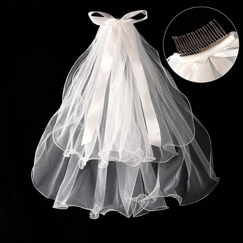 Фата свадебная с металлическими гребнями Тюлевая 2 уровня длиной до локтя для