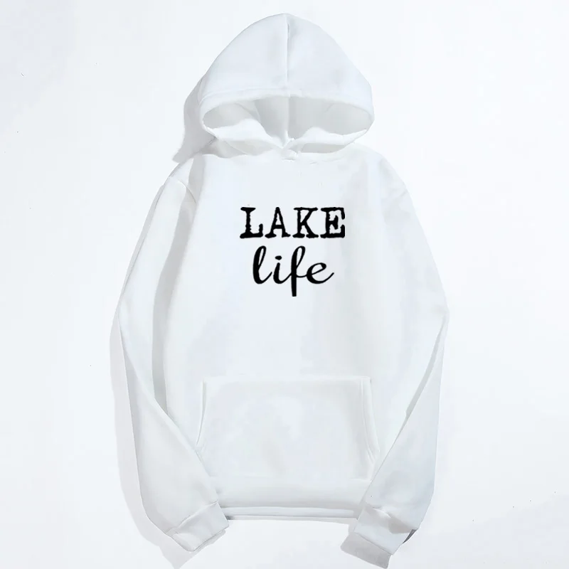 Толстовки с принтом «Lake Life», Женская флисовая Повседневная Толстовка с длинным рукавом, повседневный Женский пуловер, Moletom Feminin - Цвет: Белый