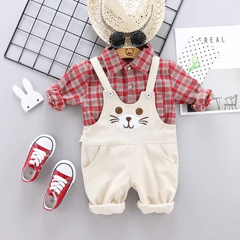 

Autumn Spring Toddler Infant Newborn Baby Boy Formal Plaid Blue Shirt Suspender Pants Trousers Outfits 2pcs/Set Fashion Suit Set