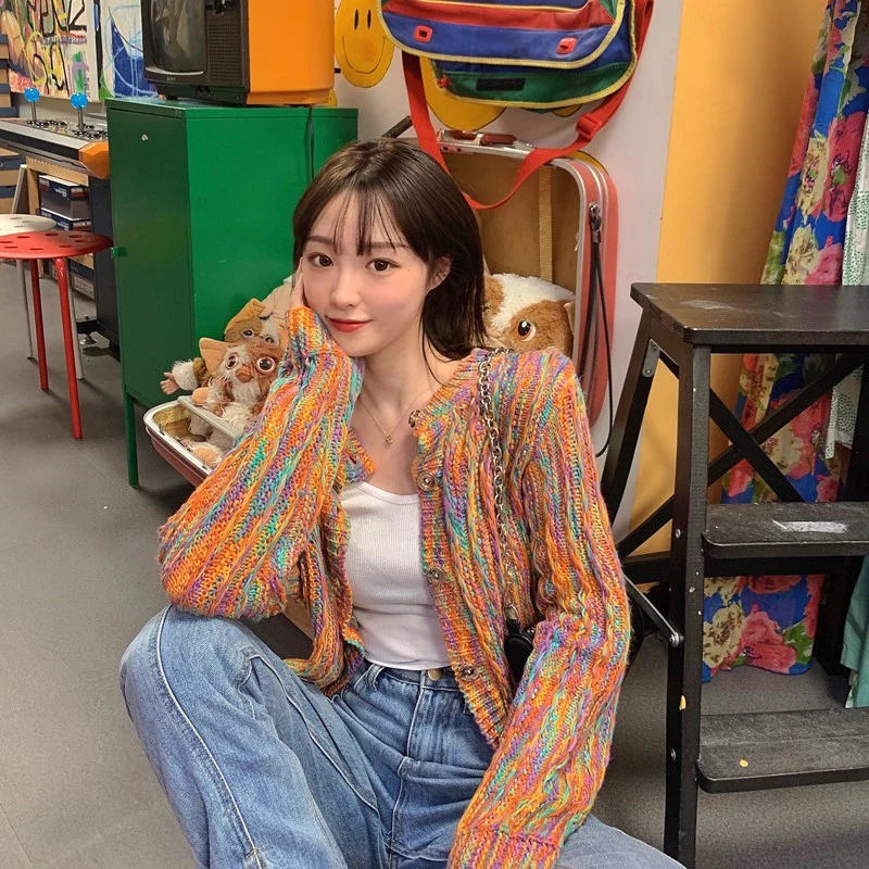

Spring Autumn 2020 Colorful Sweater Cardigan Women Long Sleeve Button Up Rainbow Sweater Knitted Cardigan Korean Fashion