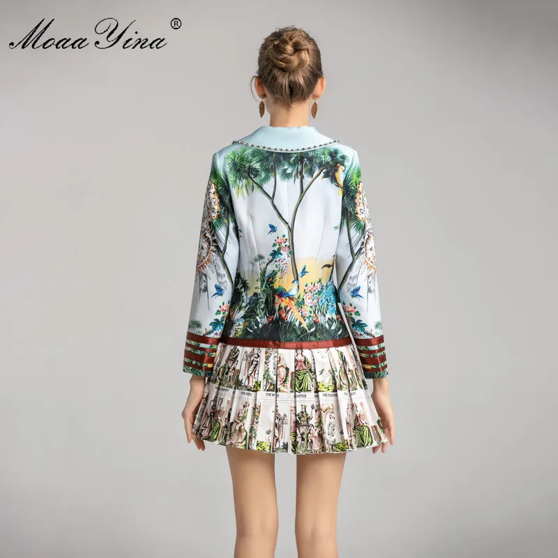Wholesale Price DXJqy MoaaYina Fashion Designer dress Spring Autumn Women's Dress Long sleeve Print Beaded Double breasted Pleated Dresses