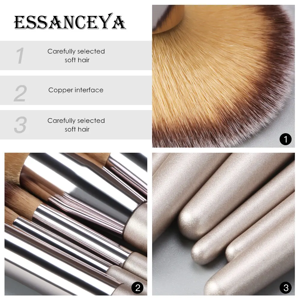 ESSANCEYA 10 шт., роскошные кисти для макияжа цвета шампанского, набор деревянных румян, Тональная основа, пудра, тени для век, косметические инструменты, Кисть для макияжа