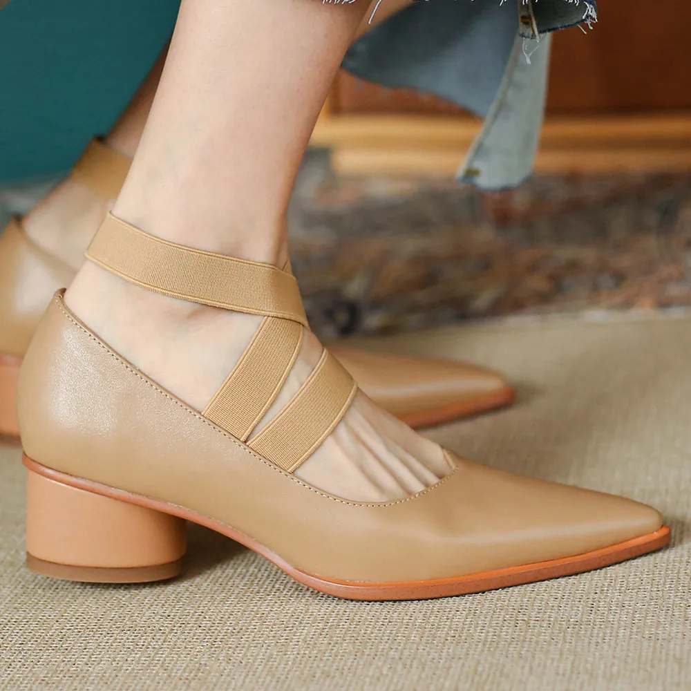 

Women's genuine leather elastic band slip-on thick low heel pointed toe elegant ladies casual daily comfortable shoes for women
