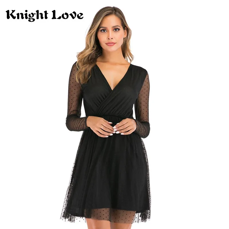 Женское лоскутное кружевное платье в горошек Черное Осеннее мини с V образным