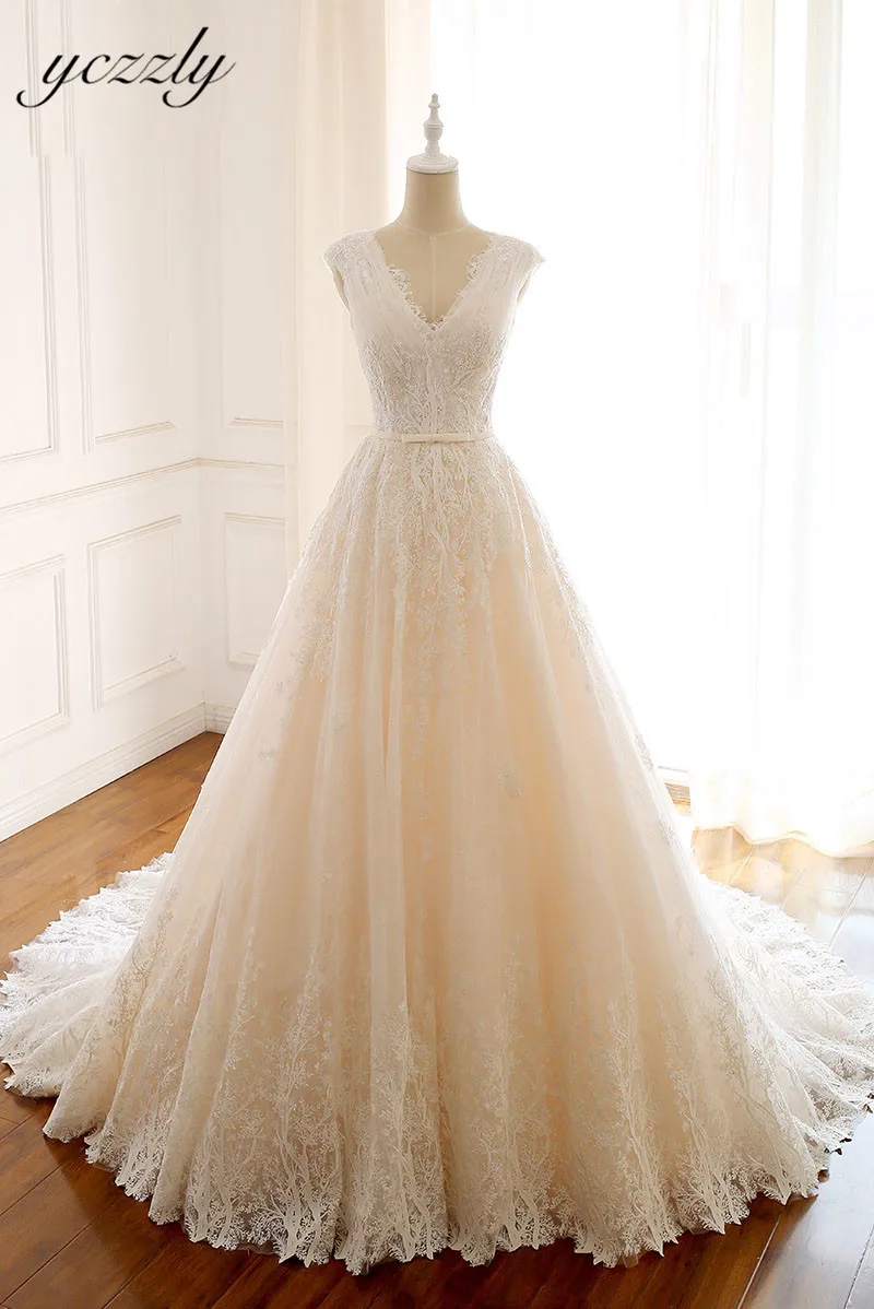 Vestidos De Novia Elegantes великолепные v-образным вырезом Кружева Аппликации Свадебные платья со стразами Плюс Размер без рукавов Длинные платья невесты W110