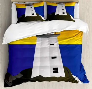 

Nautical Party Duvet Cover Set Watchtower Scene with The Sun Setting 3 Piece Bedding Set Multicolor