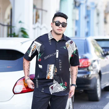 

Tide brand fat men's plus size men's clothing fertilizer to increase short-sleeved personality printing casual lapel shirt 130kg