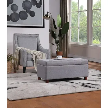 【USA in Stock】39'' Storage Bench Tufted Linen Fabric Ottoman Storage Bench Grey , free dropshipping  out door furniture 1