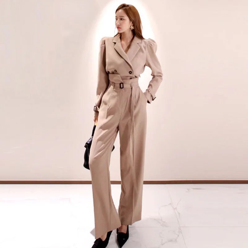

2019 New Arrival Blazer and Wide Leg Pants Ladies Formal 2 Piece Set Plus Size Fall Clothes Women OL Work Office Two Piece Set
