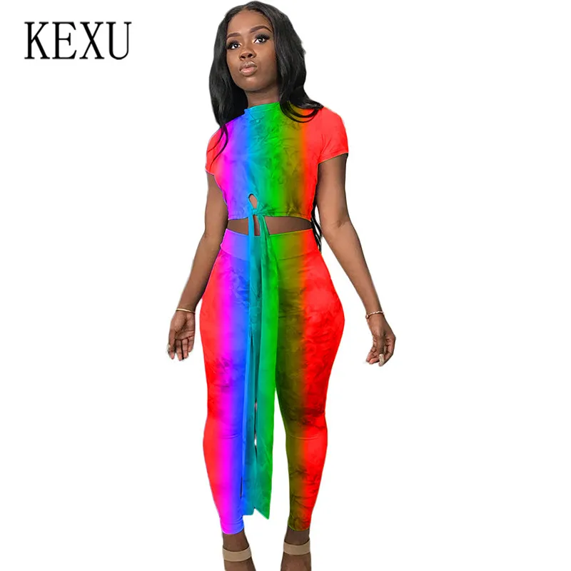 

KEXU Vintage Casual Two Pieces Sets Comfortable Jumpsuits Tie Dyeing Bodycon Bandage Women Short Sleeve Hollow Out Playsuits