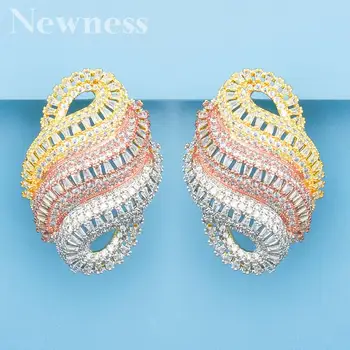 

Newness Famous Design Luxury Popular 3 Tone flower Stud Earrings For Women Wedding Full Mirco CZ Cubic Zircon Trendy Jewelry