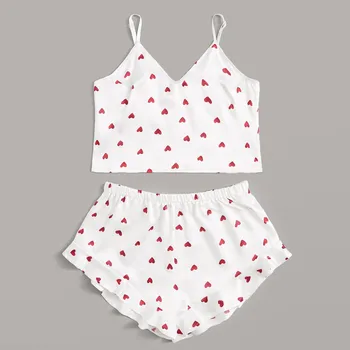 

Pyjamas Women Pajamas Sleep Wear Women Heart Print Satin Camisole Pajamas Ruffled Flounce Shorts Lingerie Set пижама женская
