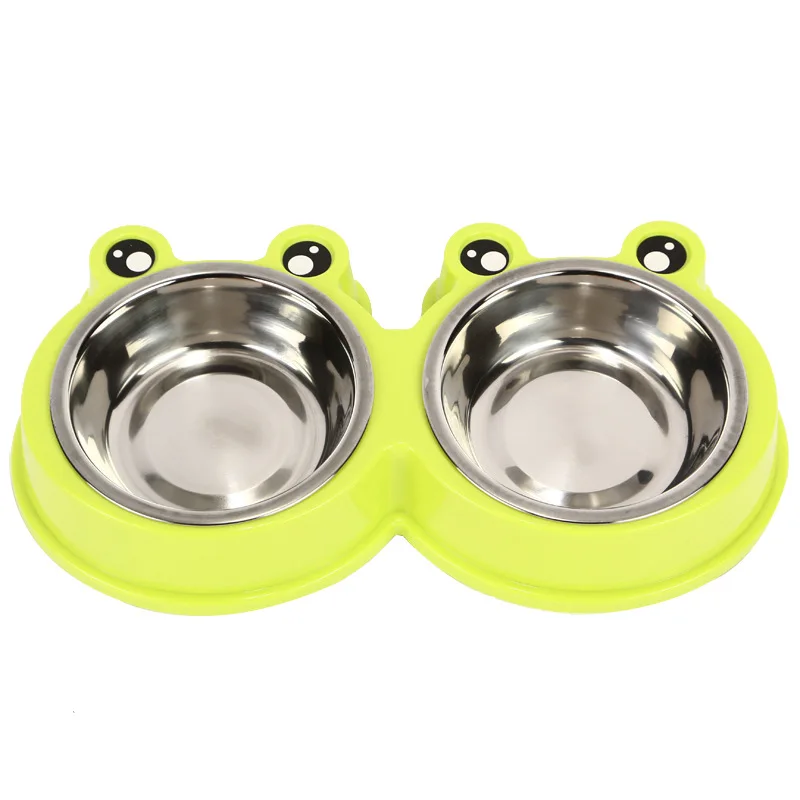 ПЭТ миска для кошки двойная из нержавеющей стали для кормления воды миска для щенка без разлива посуда Противоскользящий корм для собак и кошек воды - Цвет: Frog Green