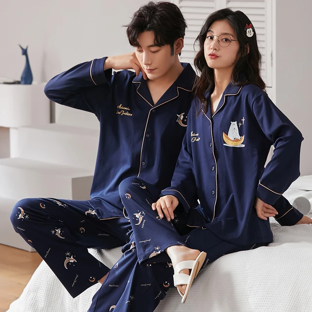 New Sweet Couple Pajama Suit Women And Man Cotton Pajamas 2pcs Set Lover  Sleepwear Family Pijama Night Suit Sweetheart Nightgown