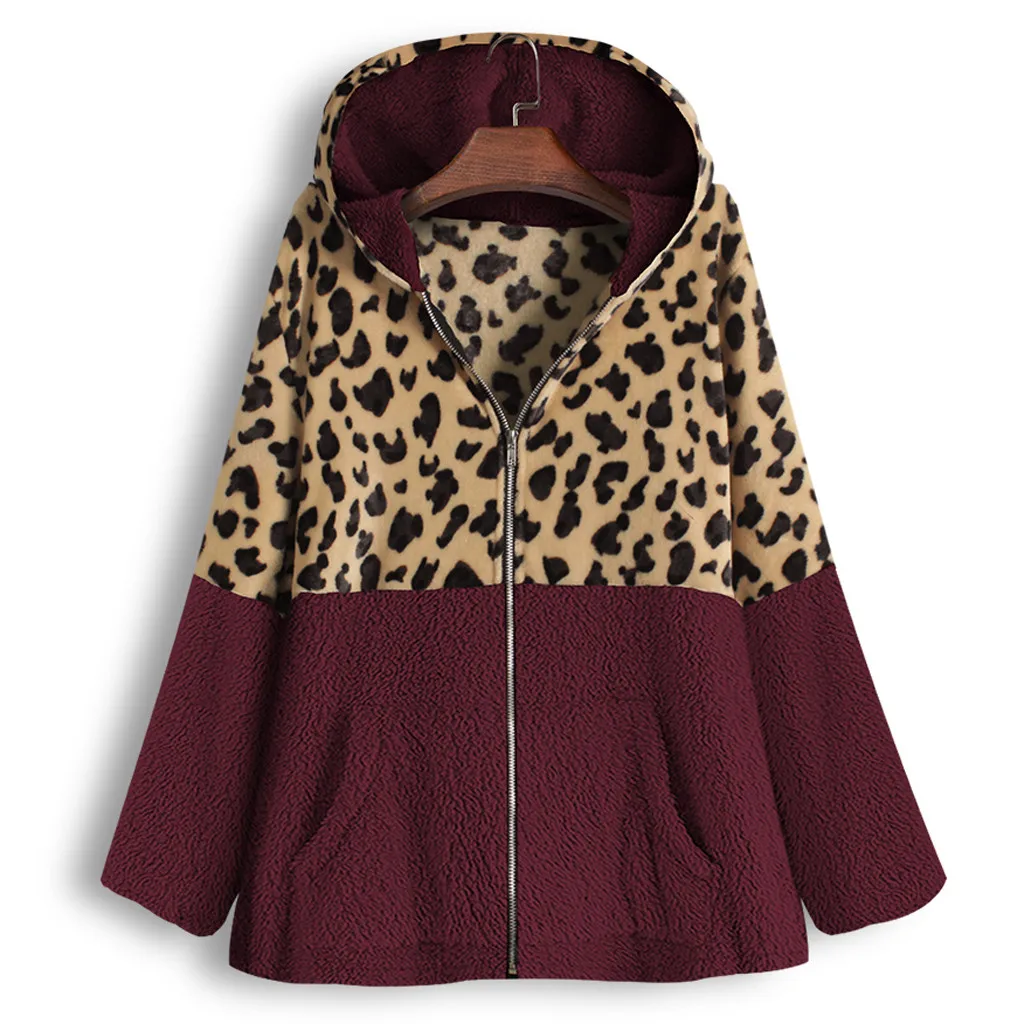 Female Jacket Plush Coat Women's Windbreaker Winter Warm Outwear Leopard Print Hooded Pockets Vintage Oversize Coats Plus Size