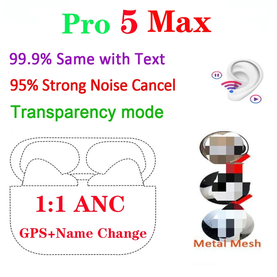 Pro 5 MAX TWS беспроводные Bluetooth наушники 1:1 с текстовым ANC активное шумоподавление