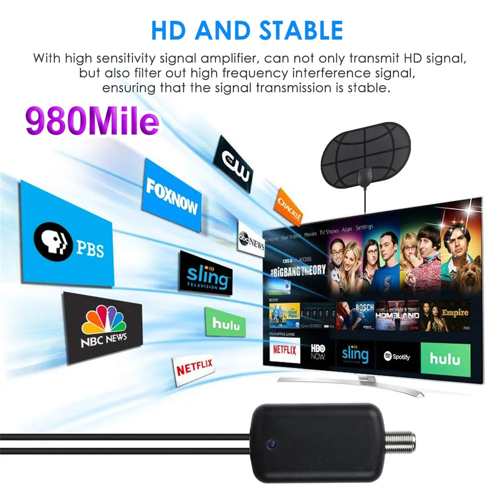

Newest TV Aerial Indoor Amplified Digital HDTV Antenna 960 Miles Range with 4K HD1080P TV for Life Local Channels