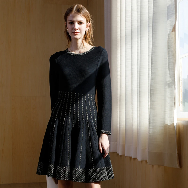 

Tunjuefs Lurex Striped Knitted Party Dress Women Robe Elegant Bodycon Dress Vestido Runway Long Sleeve Pullover Slim Office Lady