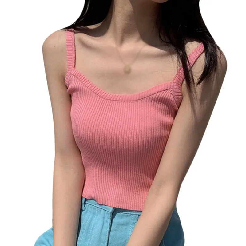 Summer Women's Rainbow Color Tank Top Sexy Square Collar Solid Sleeveless Camis Pullover Knitted Vest nude camisole