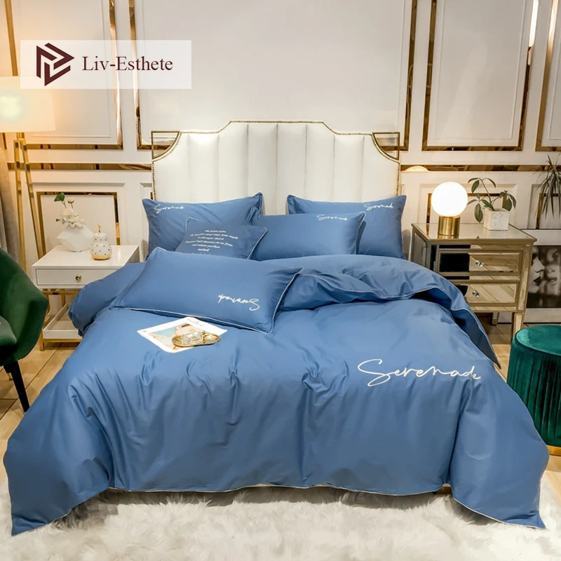 

Liv-Esthete 2020 100% Cotton Blue Luxury Bedding Set Soft Brief Duvet Cover Set Bed Linen Set Pillowcase Queen King For Adult