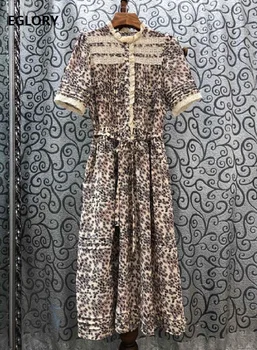 

100%Cotton Dress 2020 Summer Fashion Style Women Ruffled Collar Exquisite Prints Lace Patchwork String Belted Short Sleeve Dress
