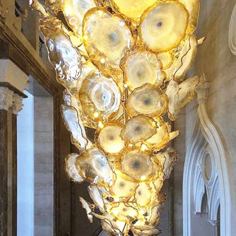 

Luxury Gold Chandelier Hand Blown Murano Glass Plates Pendant Lamp for Hotel Big House Art Decoration