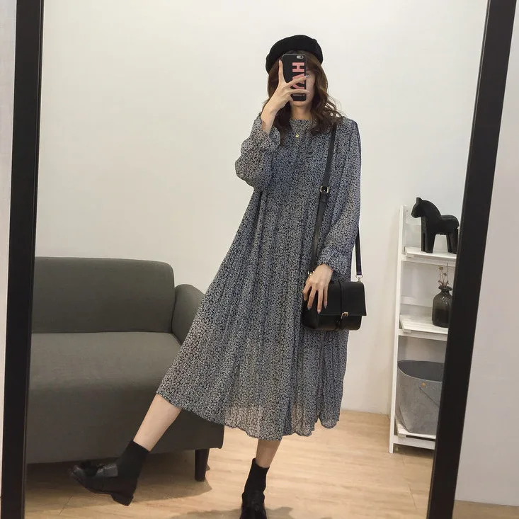 Loose-Fit Stand Collar Floral-Print Chiffon Long-sleeved Dress Autumn And Winter Women's Large Size Slimming Medium-length A- li