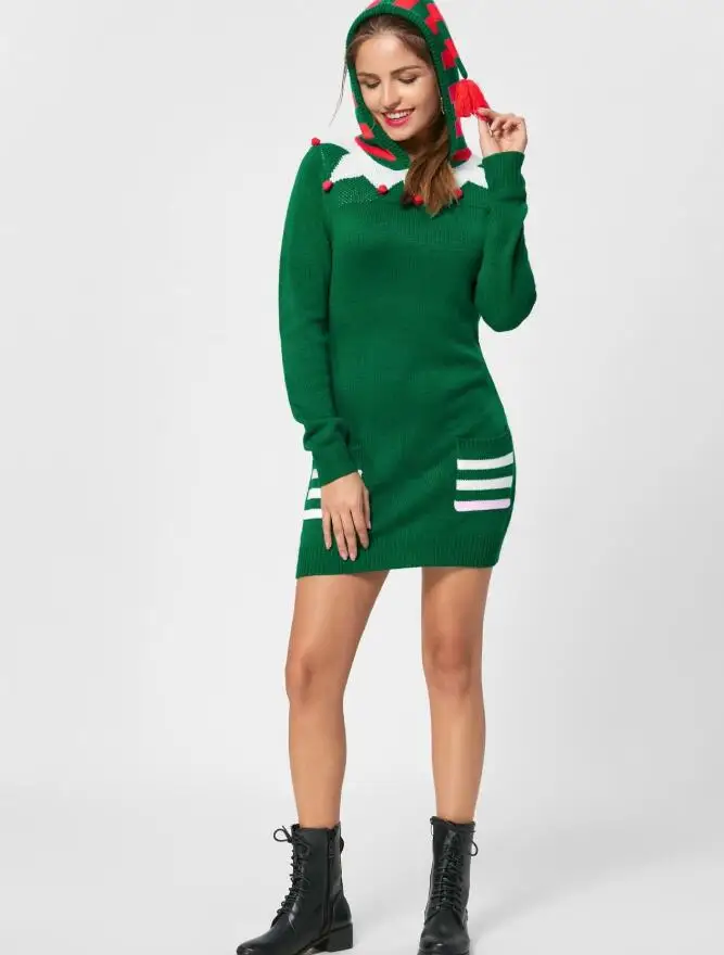 Осень Зима Новое зеленое теплое вязаное рождественское платье-свитер с капюшоном женское платье с длинным рукавом размера плюс модное облегающее мини-платье - Цвет: Зеленый