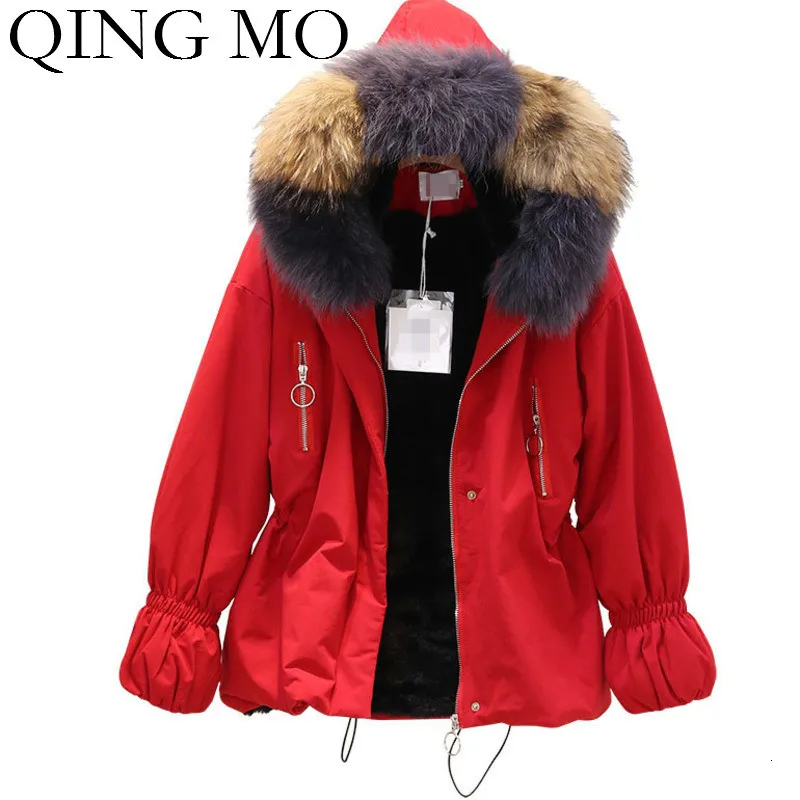 

QING MO 2019 Winter Women Hooded Parkas With Raccoon Fur Women Adjustable Waist Parkas Fax Fur Black Khaki Apricot Red ZQY2005
