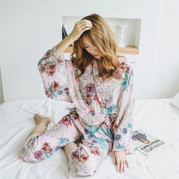 

Japanese Kimono Cotton Sleepwear Fashion Lace Up Women Yukata Crane Nightgown Long Sleeve Female Floral Print Leaf Clothing Set