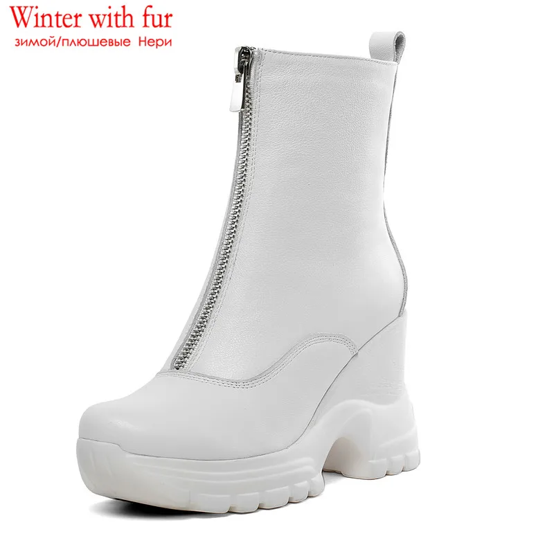 MORAZORA/ г., Новое поступление, женские ботильоны обувь из натуральной кожи осенне-зимние женские ботинки на платформе с круглым носком на молнии - Цвет: white with fur