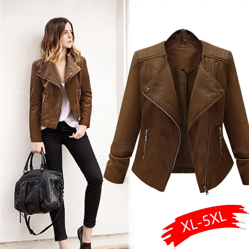2019 Hot Women Leather Jackets and Coats Dark Brown Rivets Slim Ladies Faux Leather Jacket Bomber Motorcycle Coat Autumn Outwear