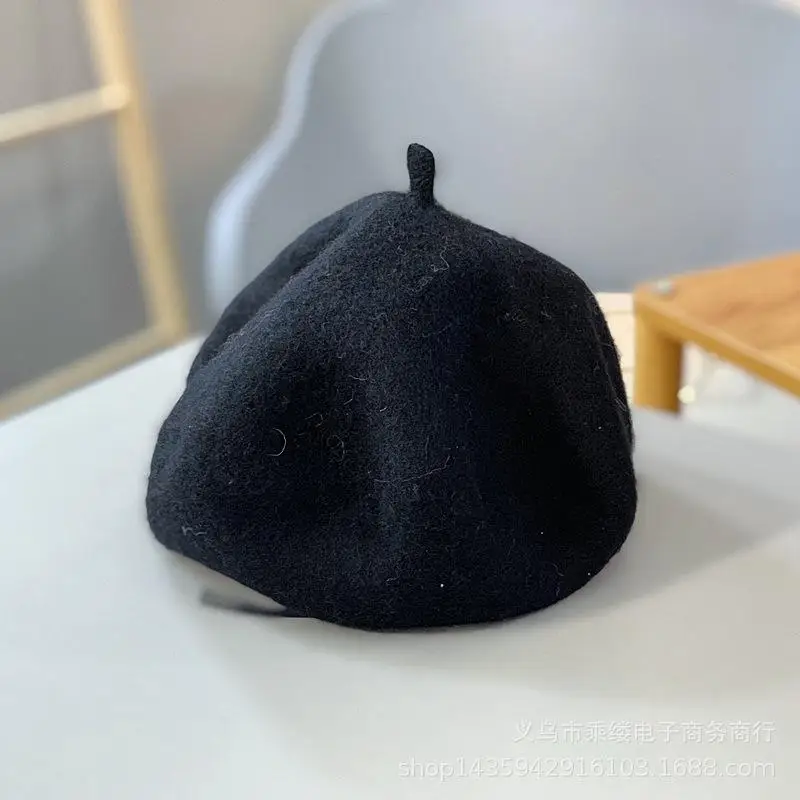 Детская шапка, осенне-зимний берет, Детская шерстяная шапка британского художника, шапка-бутон для мальчиков и девочек, теплая шляпа для фотографирования новорожденных, реквизит - Цвет: Черный