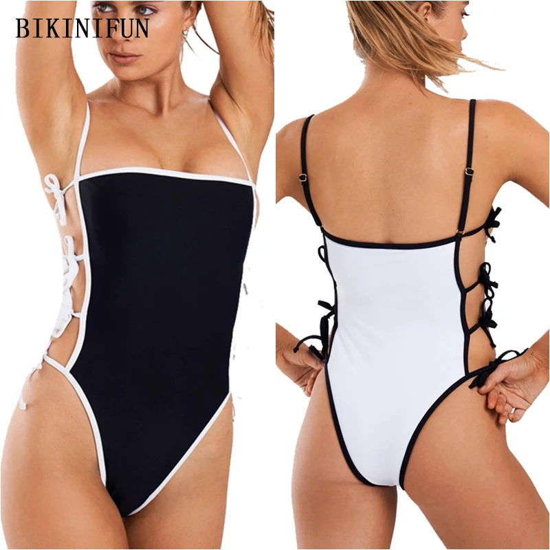 

2020 New Sexy Solid Color Monokini Women Backless Halter Swimsuit Strappy Bandage Swimwear S-XL Girl Side Tied One Piece Suit