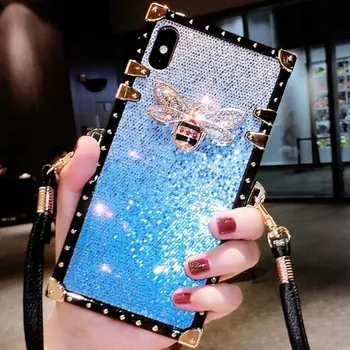 

Luxury metal square silicone Glitter Bee Adjustable lanyard phone case For Huawei Honor 10i 20i Play 8A Pro PSMART Z
