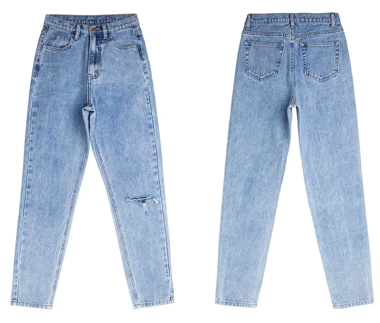 LOGAMI Высокая талия Джинсы бойфренда для женщин рваные колени прямые джинсовые брюки женские большие размеры джинсы светло-голубой