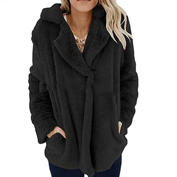 

Women Faux Fur Coat Fashion 2019 Autumn Winter Warm Loose Tops Female Turn-Down Collar Long Sleeve Hairy Furry Warm Overcoat