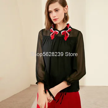 

2020 Season Fashion Embroidery Lapel Joker Comfortable Chiffon Shirt Long Sleeve Outerwear Female